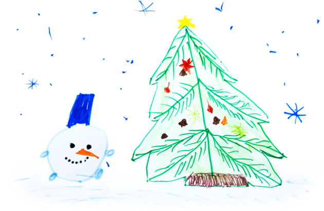 Eine Kinderzeichnung mit einem Schneemann und einem Weihnachtsbaum.