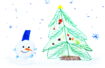A child's drawing with a snowman and a Christmas tree.
